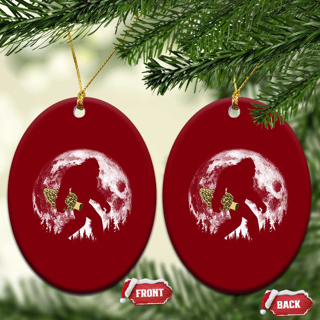 Bigfoot with Morel Mushroom Ceramic Ornament Sasquatch Fungi Full Moon Silhouette Graphic