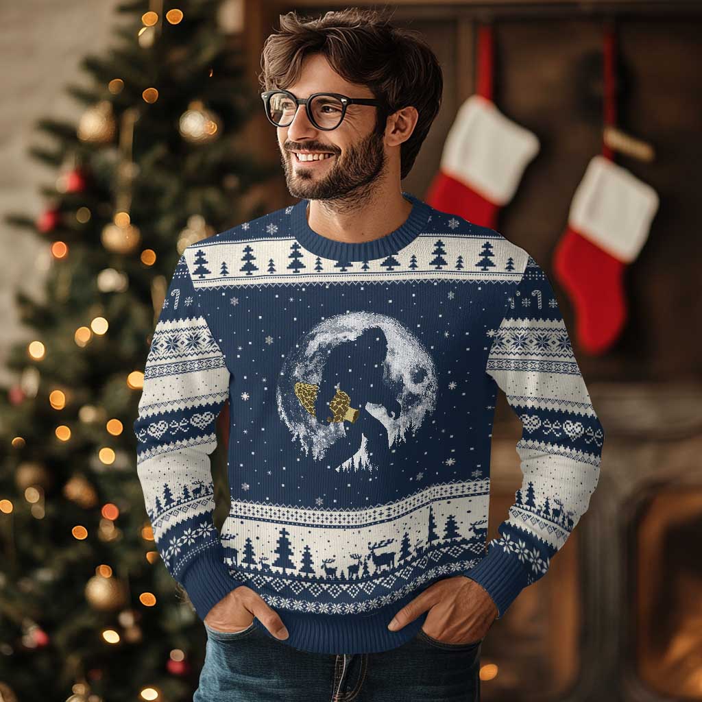 Bigfoot with Morel Mushroom Ugly Christmas Sweater Sasquatch Fungi Full Moon Silhouette Graphic