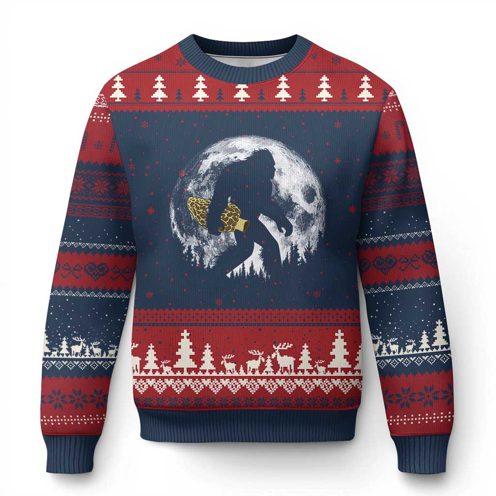 Bigfoot with Morel Mushroom Ugly Christmas Sweater Sasquatch Fungi Full Moon Silhouette Graphic