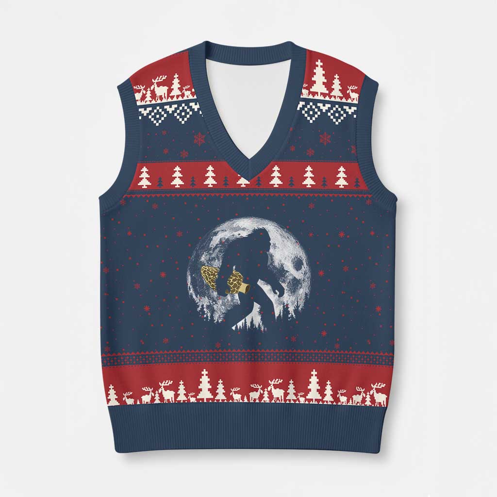 Bigfoot with Morel Mushroom V-Neck Knit Sweater Vest Sasquatch Fungi Full Moon Silhouette Graphic