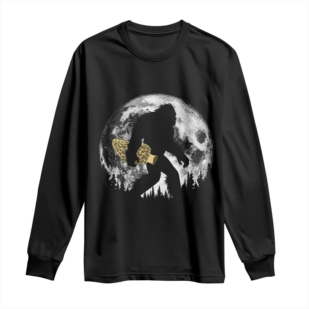 Bigfoot with Morel Mushroom Long Sleeve Shirt Sasquatch Fungi Full Moon Silhouette Graphic