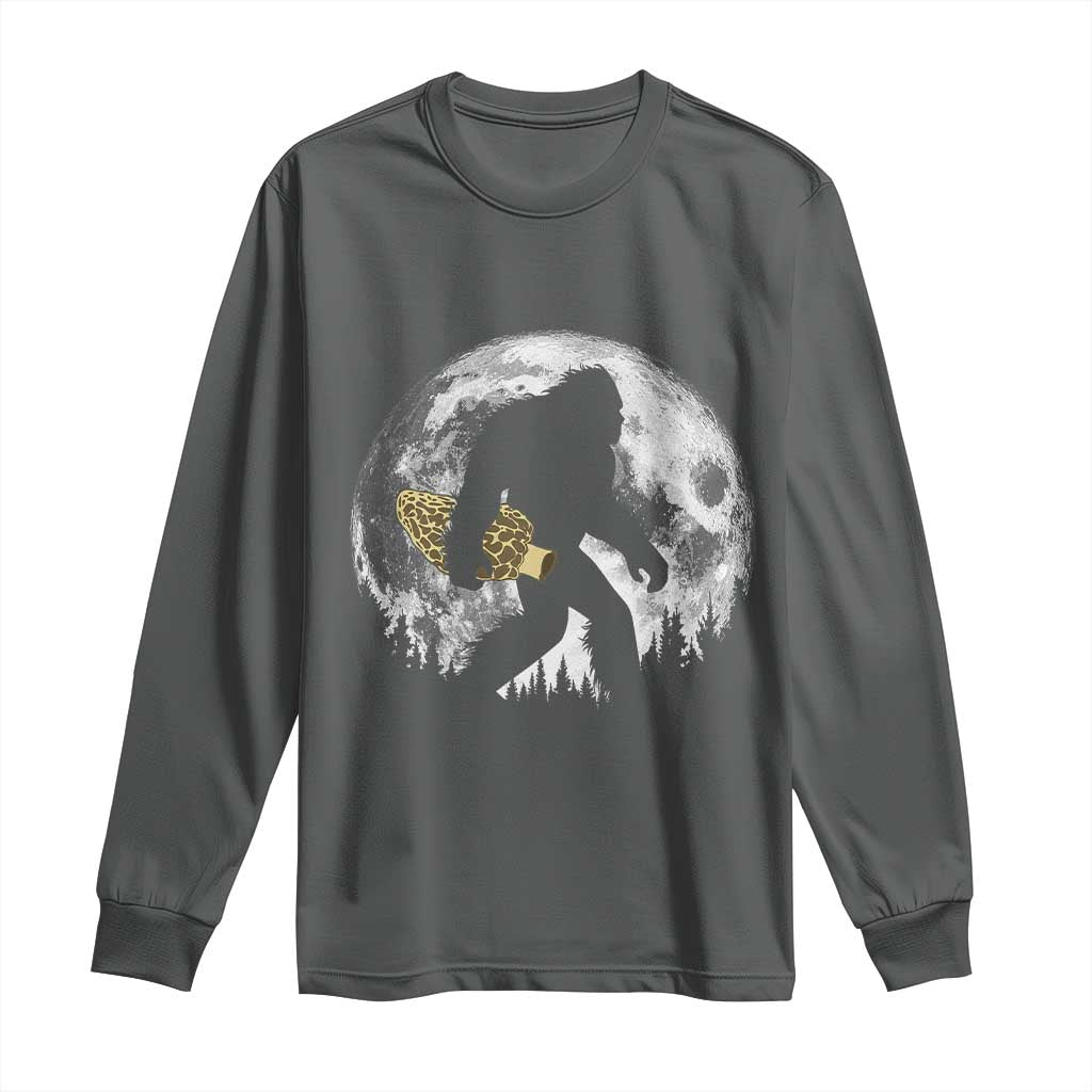 Bigfoot with Morel Mushroom Long Sleeve Shirt Sasquatch Fungi Full Moon Silhouette Graphic