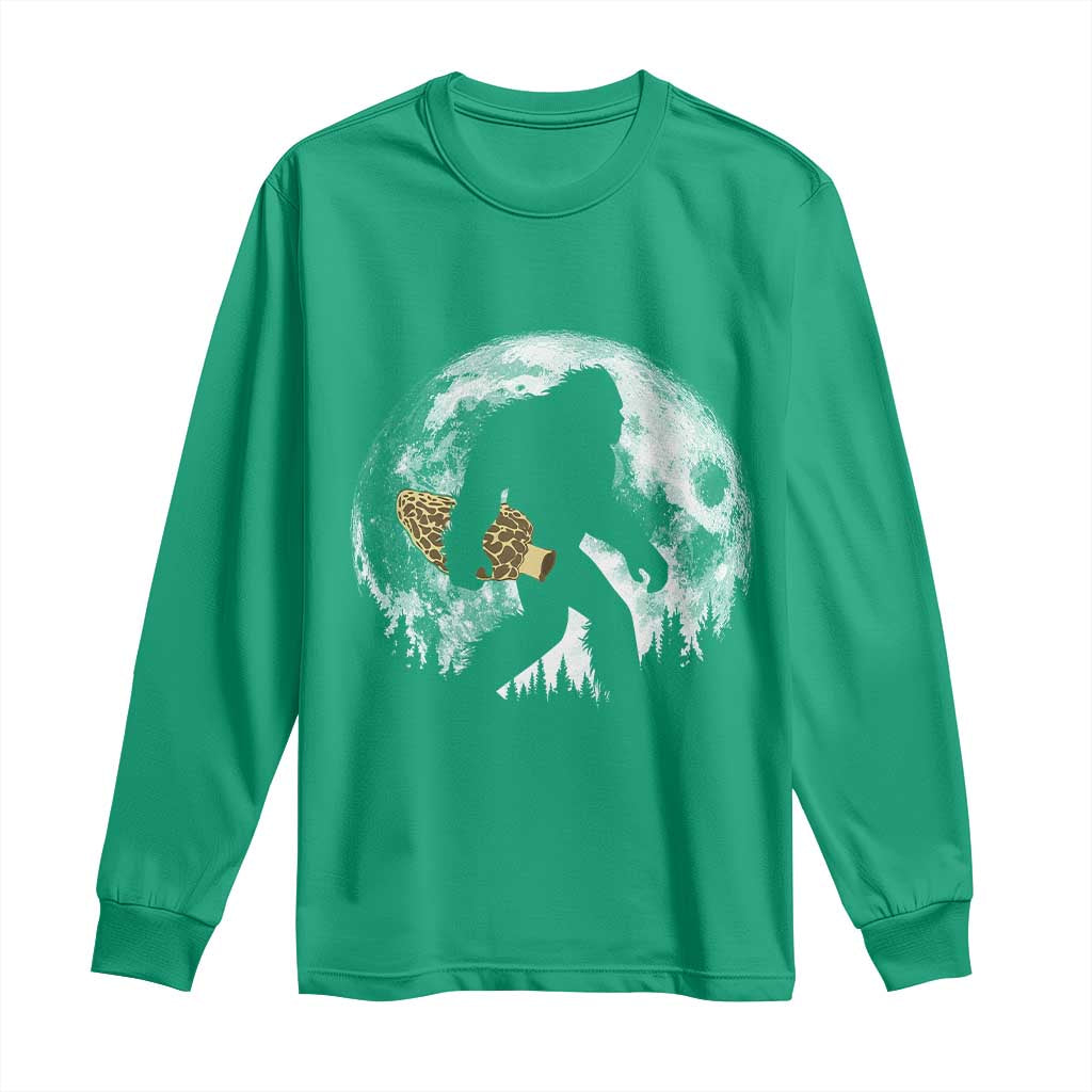 Bigfoot with Morel Mushroom Long Sleeve Shirt Sasquatch Fungi Full Moon Silhouette Graphic