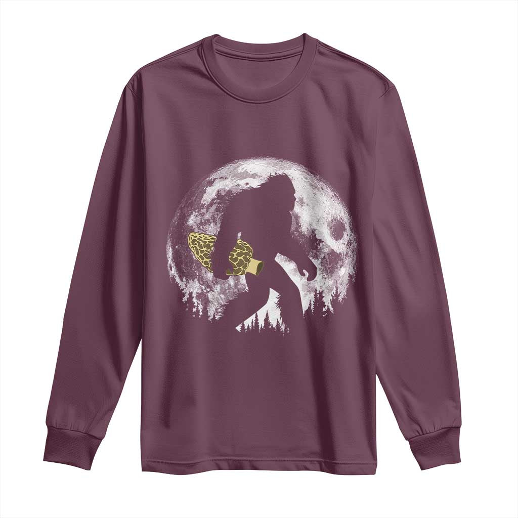 Bigfoot with Morel Mushroom Long Sleeve Shirt Sasquatch Fungi Full Moon Silhouette Graphic