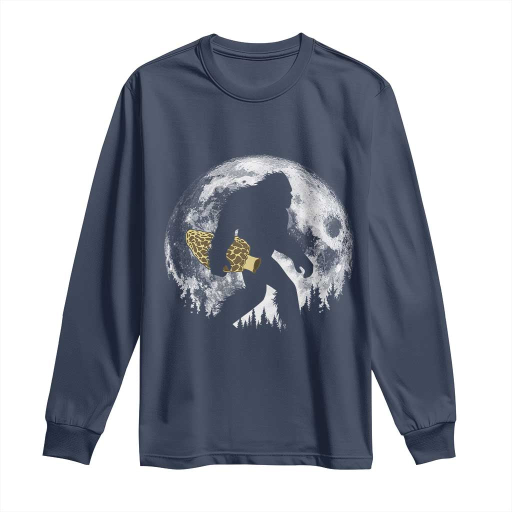 Bigfoot with Morel Mushroom Long Sleeve Shirt Sasquatch Fungi Full Moon Silhouette Graphic