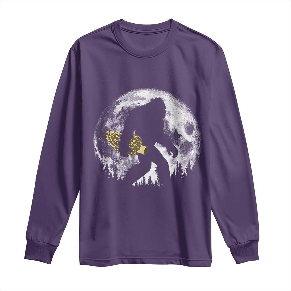 Bigfoot with Morel Mushroom Long Sleeve Shirt Sasquatch Fungi Full Moon Silhouette Graphic
