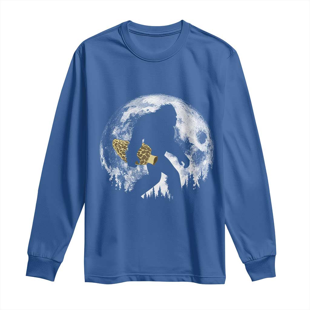 Bigfoot with Morel Mushroom Long Sleeve Shirt Sasquatch Fungi Full Moon Silhouette Graphic