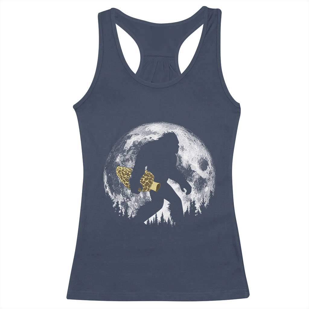 Bigfoot with Morel Mushroom Racerback Tank Top Sasquatch Fungi Full Moon Silhouette Graphic