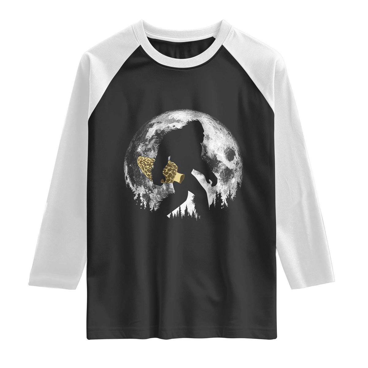 Bigfoot with Morel Mushroom Raglan Shirt Sasquatch Fungi Full Moon Silhouette Graphic