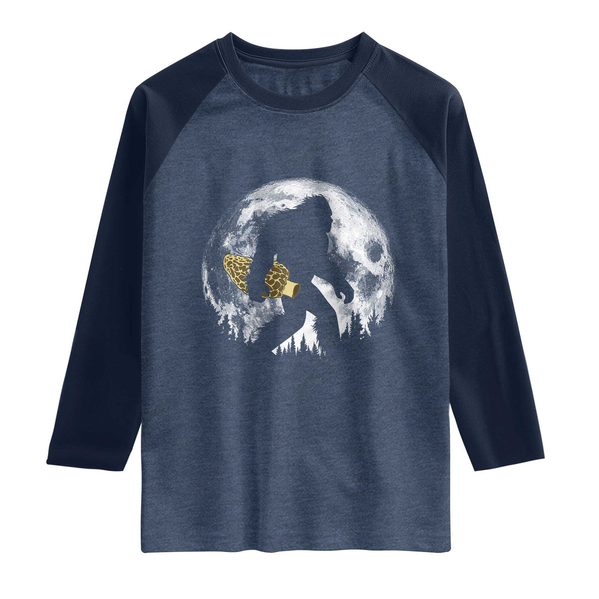 Bigfoot with Morel Mushroom Raglan Shirt Sasquatch Fungi Full Moon Silhouette Graphic