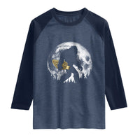 Bigfoot with Morel Mushroom Raglan Shirt Sasquatch Fungi Full Moon Silhouette Graphic