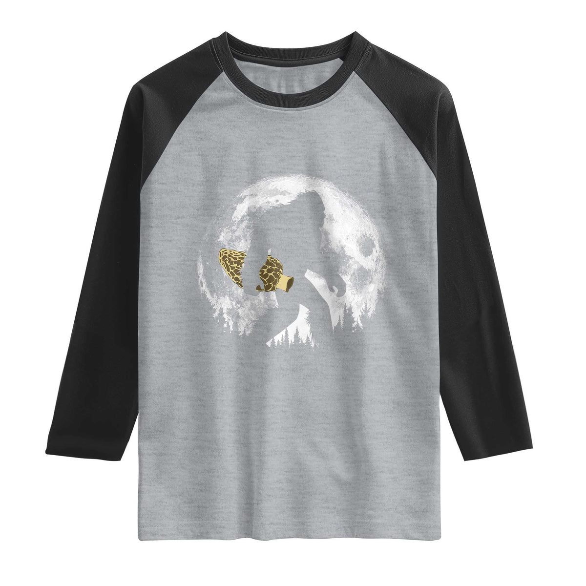 Bigfoot with Morel Mushroom Raglan Shirt Sasquatch Fungi Full Moon Silhouette Graphic