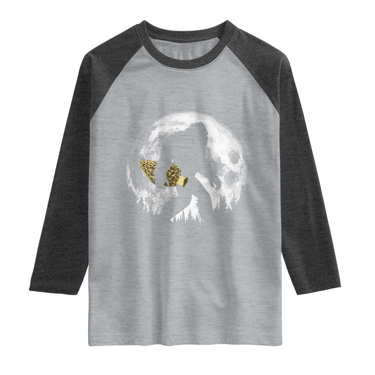 Bigfoot with Morel Mushroom Raglan Shirt Sasquatch Fungi Full Moon Silhouette Graphic