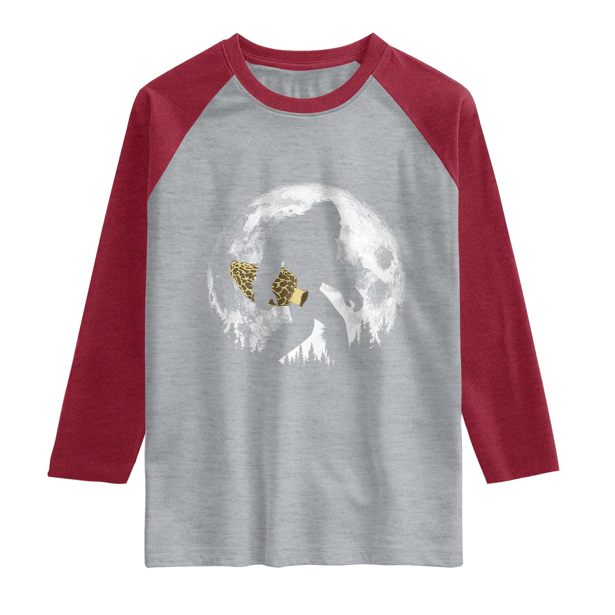 Bigfoot with Morel Mushroom Raglan Shirt Sasquatch Fungi Full Moon Silhouette Graphic