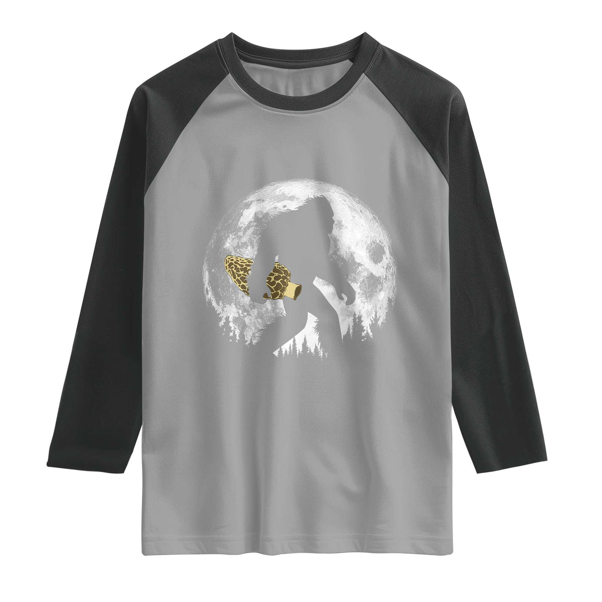 Bigfoot with Morel Mushroom Raglan Shirt Sasquatch Fungi Full Moon Silhouette Graphic