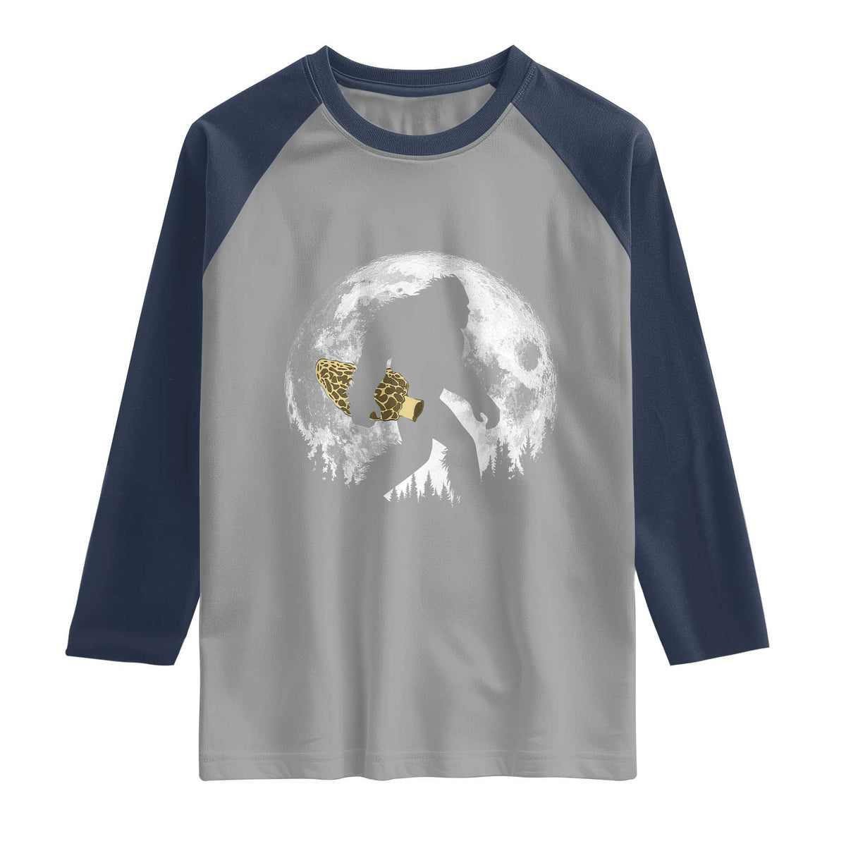 Bigfoot with Morel Mushroom Raglan Shirt Sasquatch Fungi Full Moon Silhouette Graphic