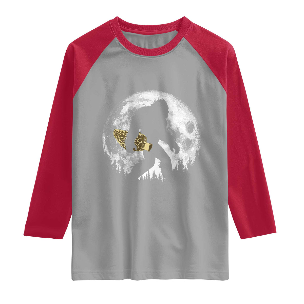 Bigfoot with Morel Mushroom Raglan Shirt Sasquatch Fungi Full Moon Silhouette Graphic