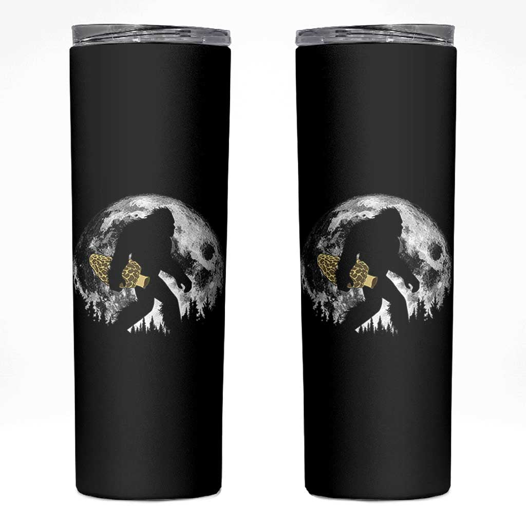 Bigfoot with Morel Mushroom Skinny Tumbler Sasquatch Fungi Full Moon Silhouette Graphic