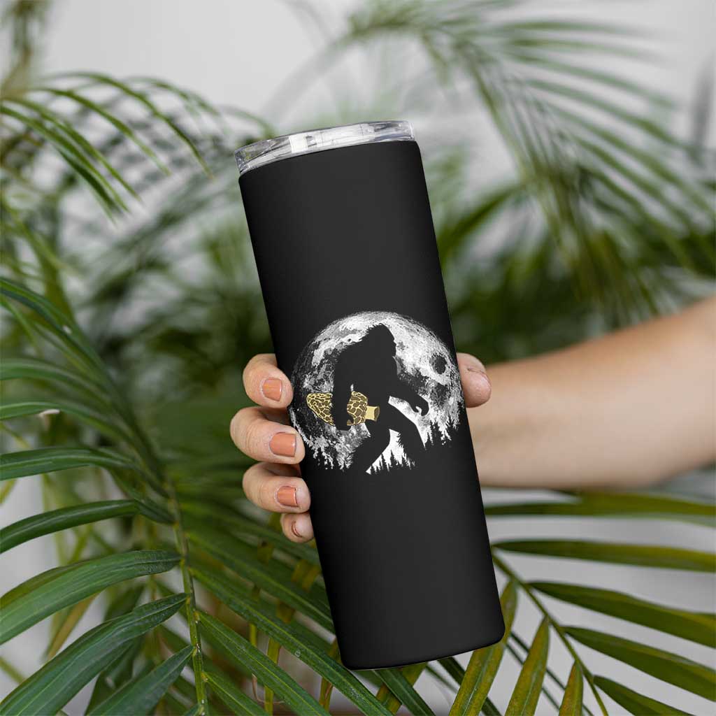 Bigfoot with Morel Mushroom Skinny Tumbler Sasquatch Fungi Full Moon Silhouette Graphic