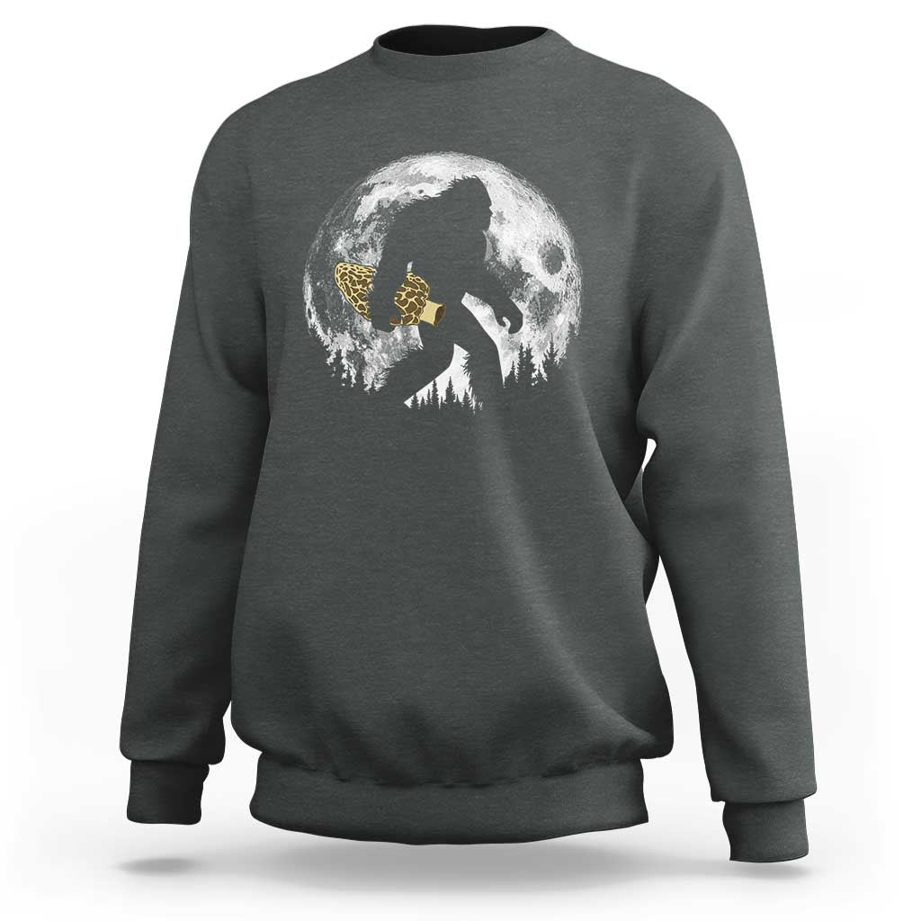 Bigfoot with Morel Mushroom Sweatshirt Sasquatch Fungi Full Moon Silhouette Graphic