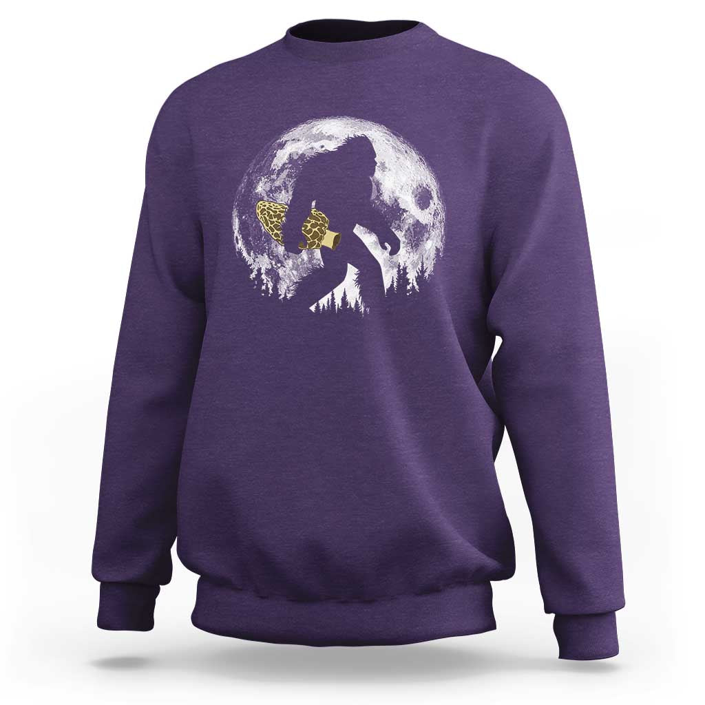 Bigfoot with Morel Mushroom Sweatshirt Sasquatch Fungi Full Moon Silhouette Graphic
