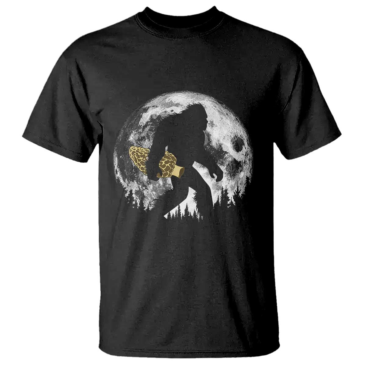 Bigfoot with Morel Mushroom T Shirt Sasquatch Fungi Full Moon Silhouette Graphic