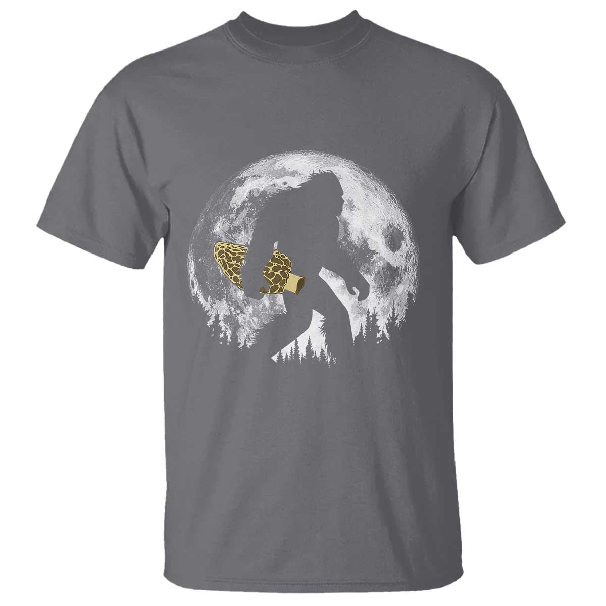 Bigfoot with Morel Mushroom T Shirt Sasquatch Fungi Full Moon Silhouette Graphic