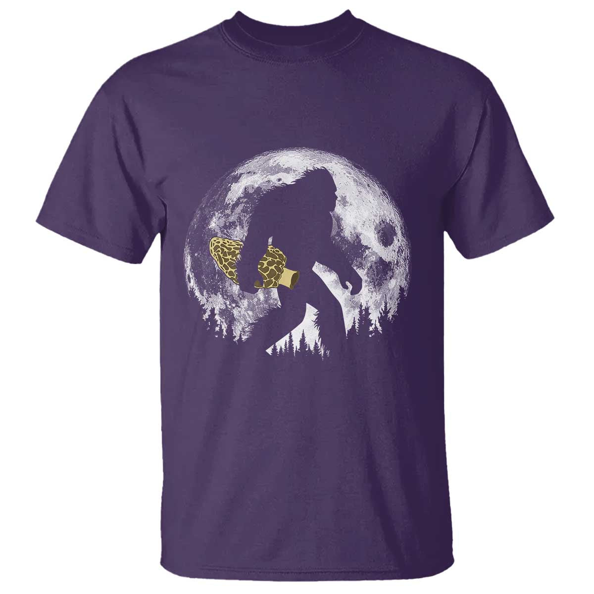 Bigfoot with Morel Mushroom T Shirt Sasquatch Fungi Full Moon Silhouette Graphic