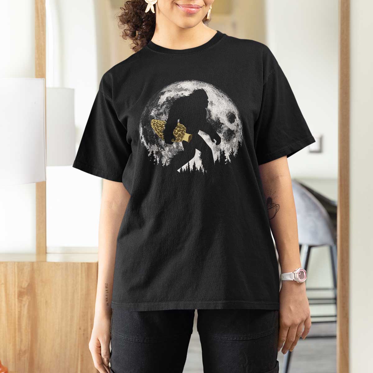 Bigfoot with Morel Mushroom T Shirt For Women Sasquatch Fungi Full Moon Silhouette Graphic
