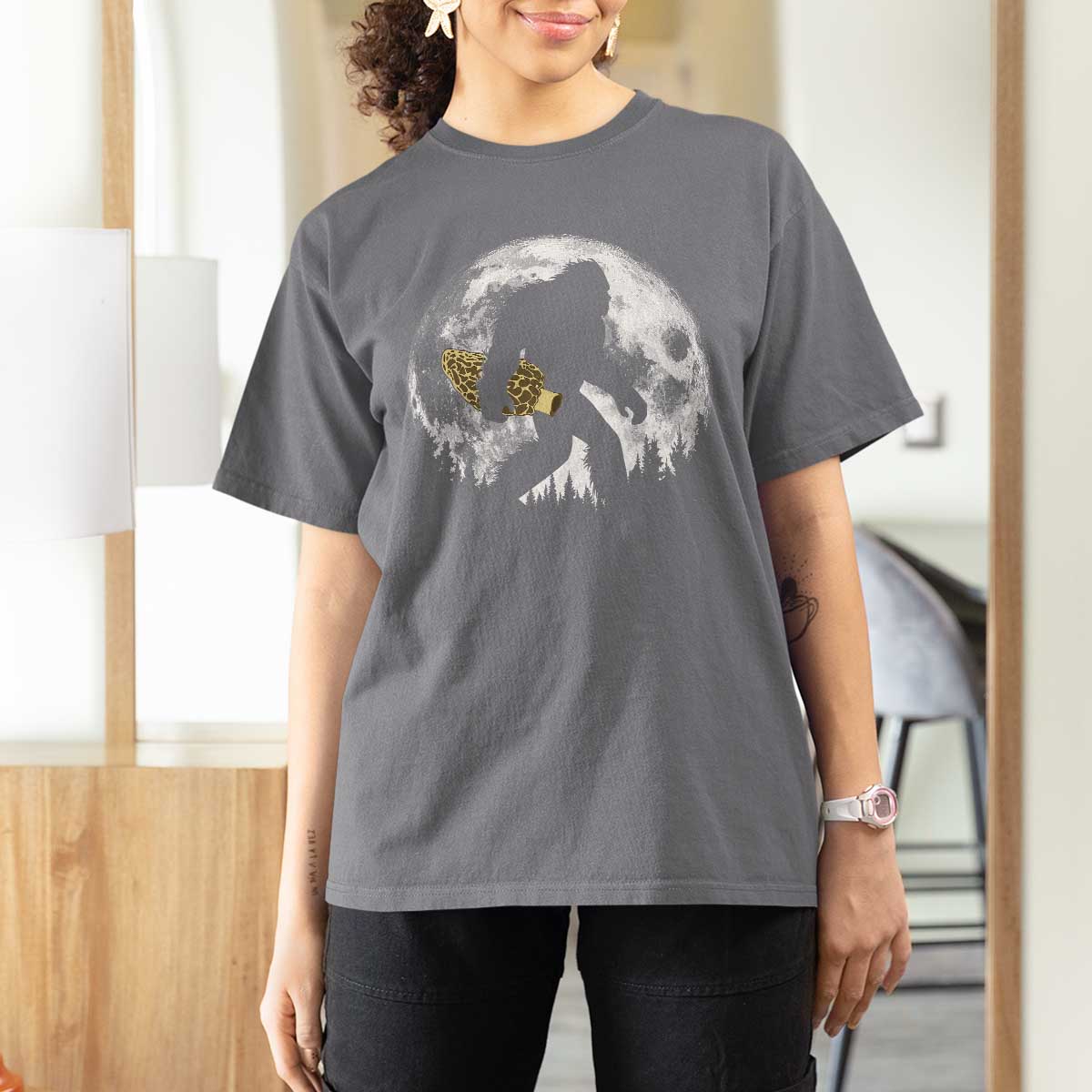 Bigfoot with Morel Mushroom T Shirt For Women Sasquatch Fungi Full Moon Silhouette Graphic