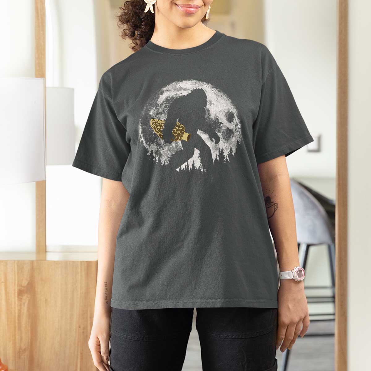 Bigfoot with Morel Mushroom T Shirt For Women Sasquatch Fungi Full Moon Silhouette Graphic