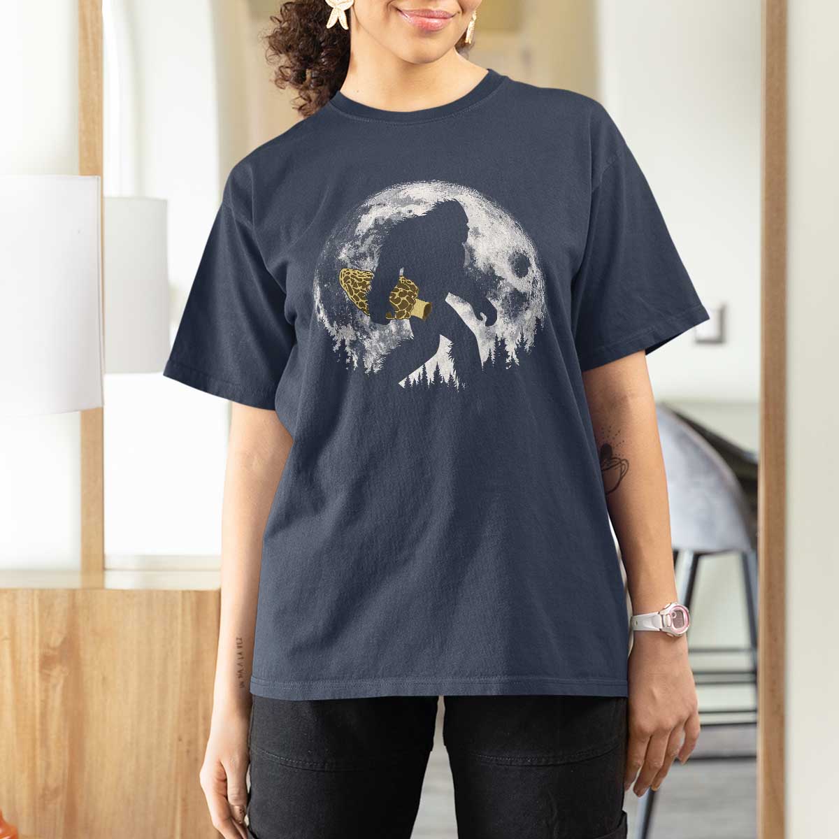 Bigfoot with Morel Mushroom T Shirt For Women Sasquatch Fungi Full Moon Silhouette Graphic