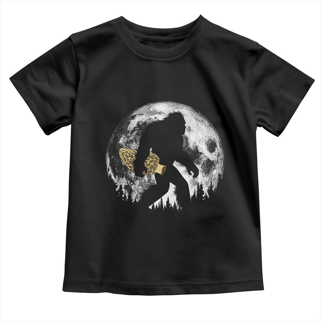 Bigfoot with Morel Mushroom Toddler T Shirt Sasquatch Fungi Full Moon Silhouette Graphic