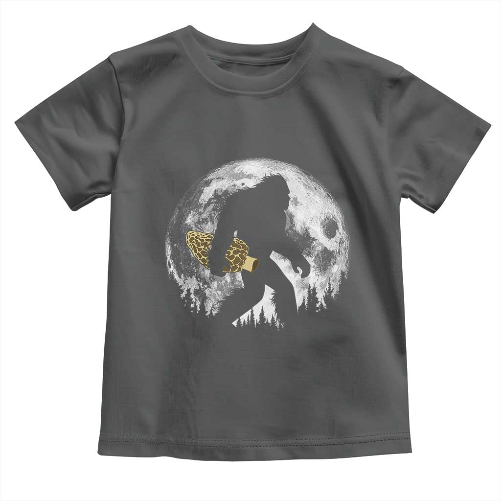 Bigfoot with Morel Mushroom Toddler T Shirt Sasquatch Fungi Full Moon Silhouette Graphic