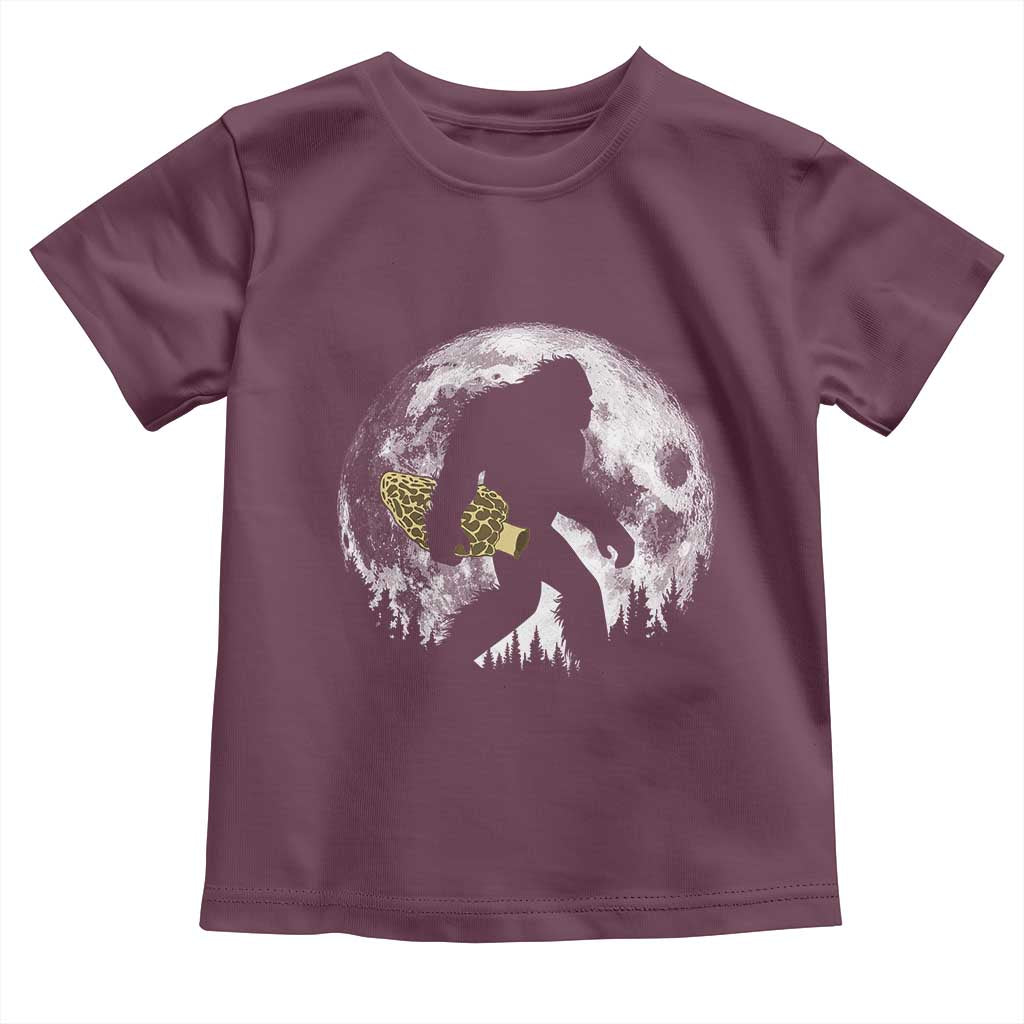 Bigfoot with Morel Mushroom Toddler T Shirt Sasquatch Fungi Full Moon Silhouette Graphic