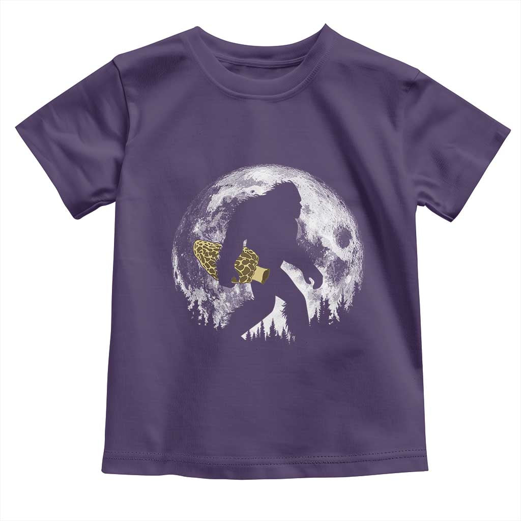 Bigfoot with Morel Mushroom Toddler T Shirt Sasquatch Fungi Full Moon Silhouette Graphic