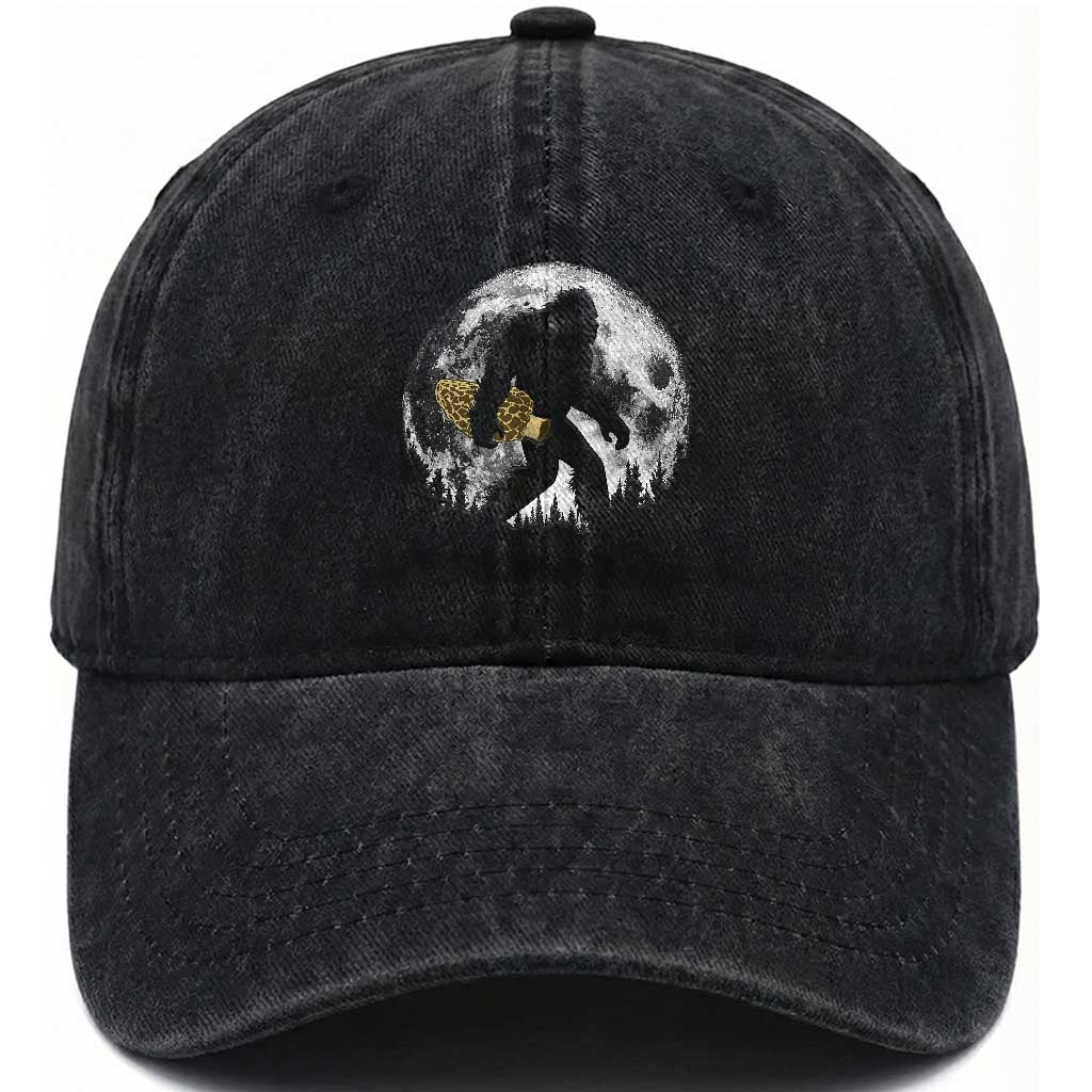 Bigfoot with Morel Mushroom Washed Cotton Baseball Cap Sasquatch Fungi Full Moon Silhouette Graphic
