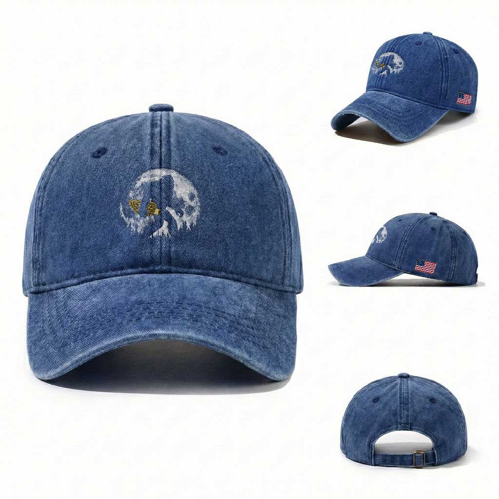 Bigfoot with Morel Mushroom Washed Cotton Baseball Cap Sasquatch Fungi Full Moon Silhouette Graphic