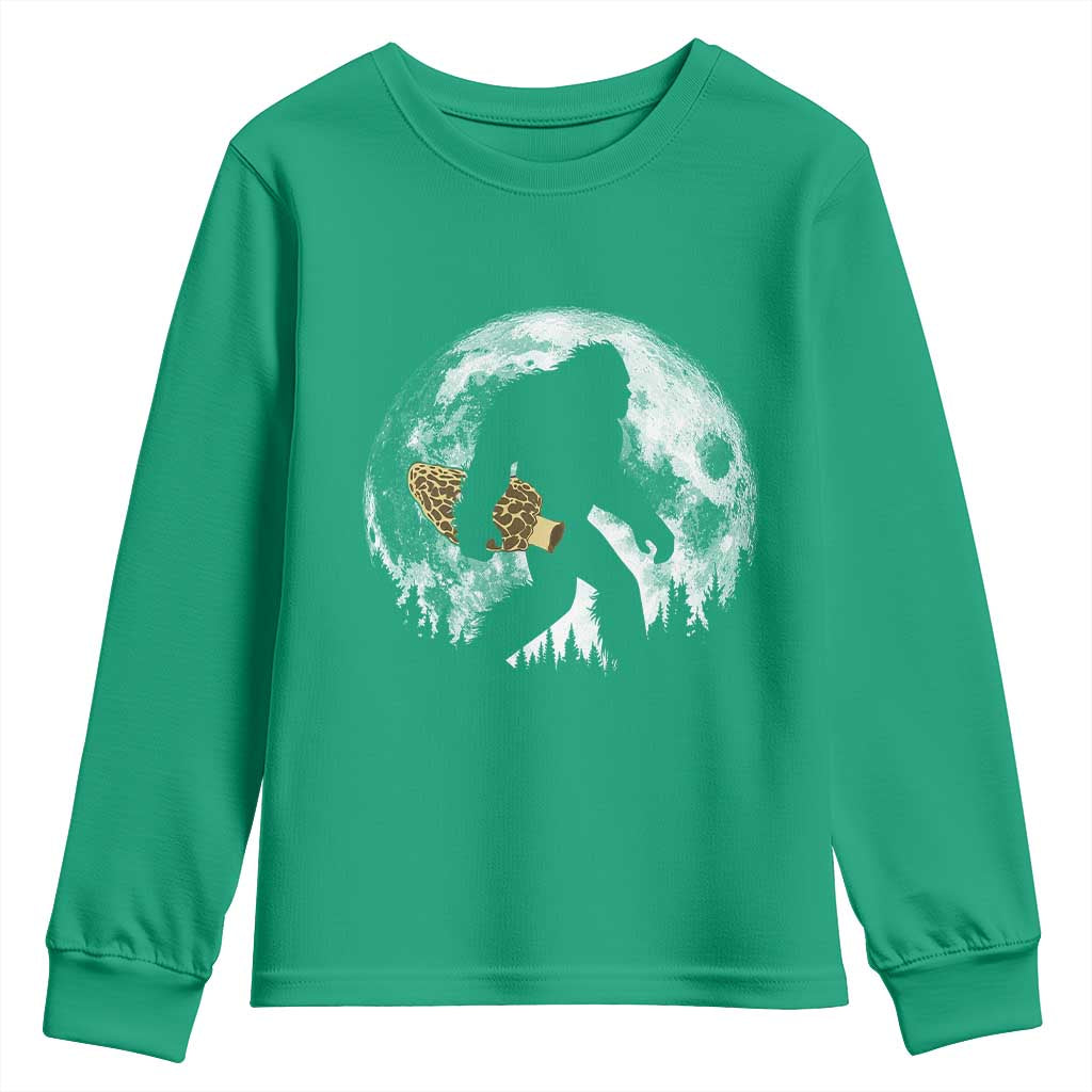 Bigfoot with Morel Mushroom Youth Sweatshirt Sasquatch Fungi Full Moon Silhouette Graphic