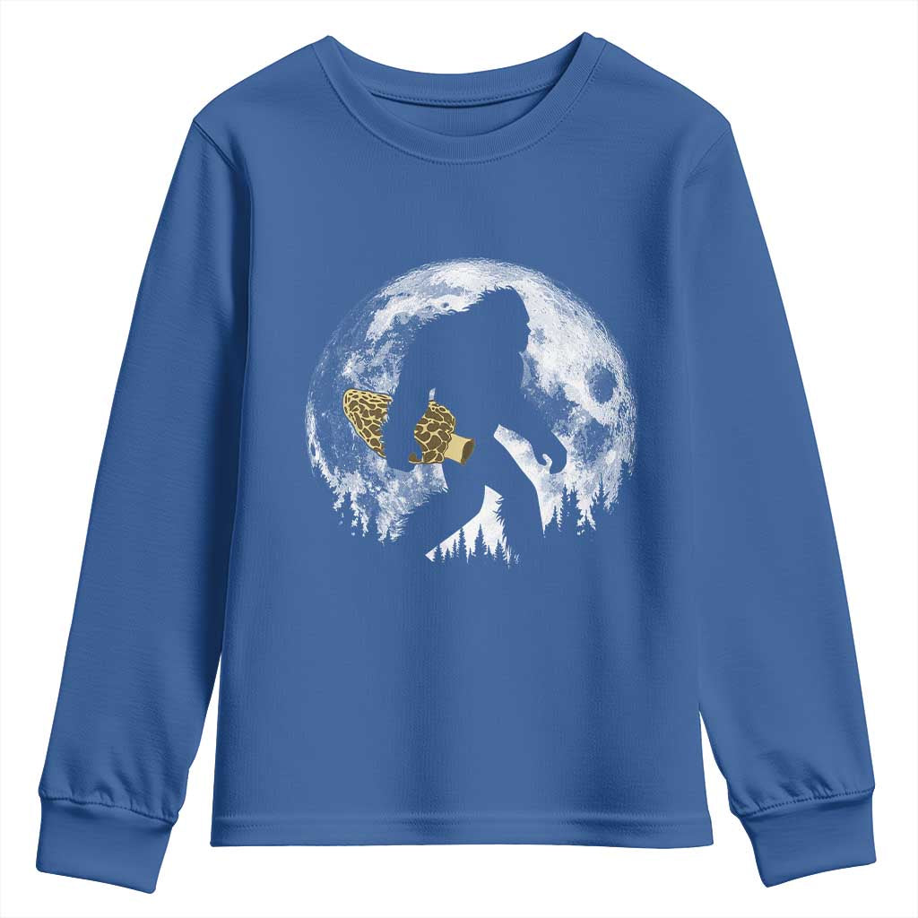 Bigfoot with Morel Mushroom Youth Sweatshirt Sasquatch Fungi Full Moon Silhouette Graphic