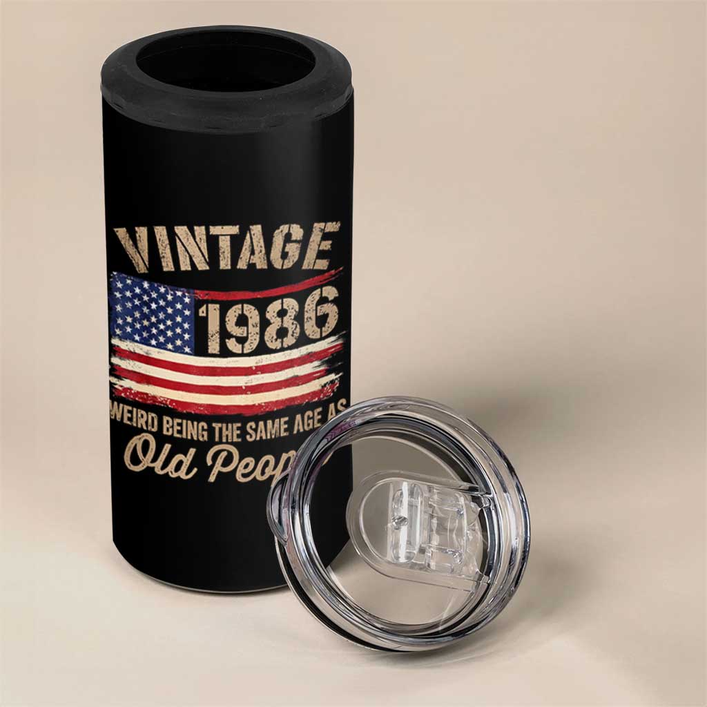 40th Birthday 4 in 1 Can Cooler Tumbler Vintage 1986 Weird Being the Same Age as Old People USA Flag