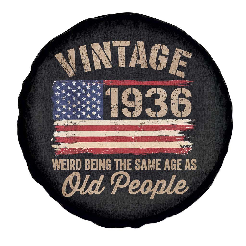 90th Birthday Spare Tire Cover Vintage 1936 Weird Being the Same Age as Old People USA Flag