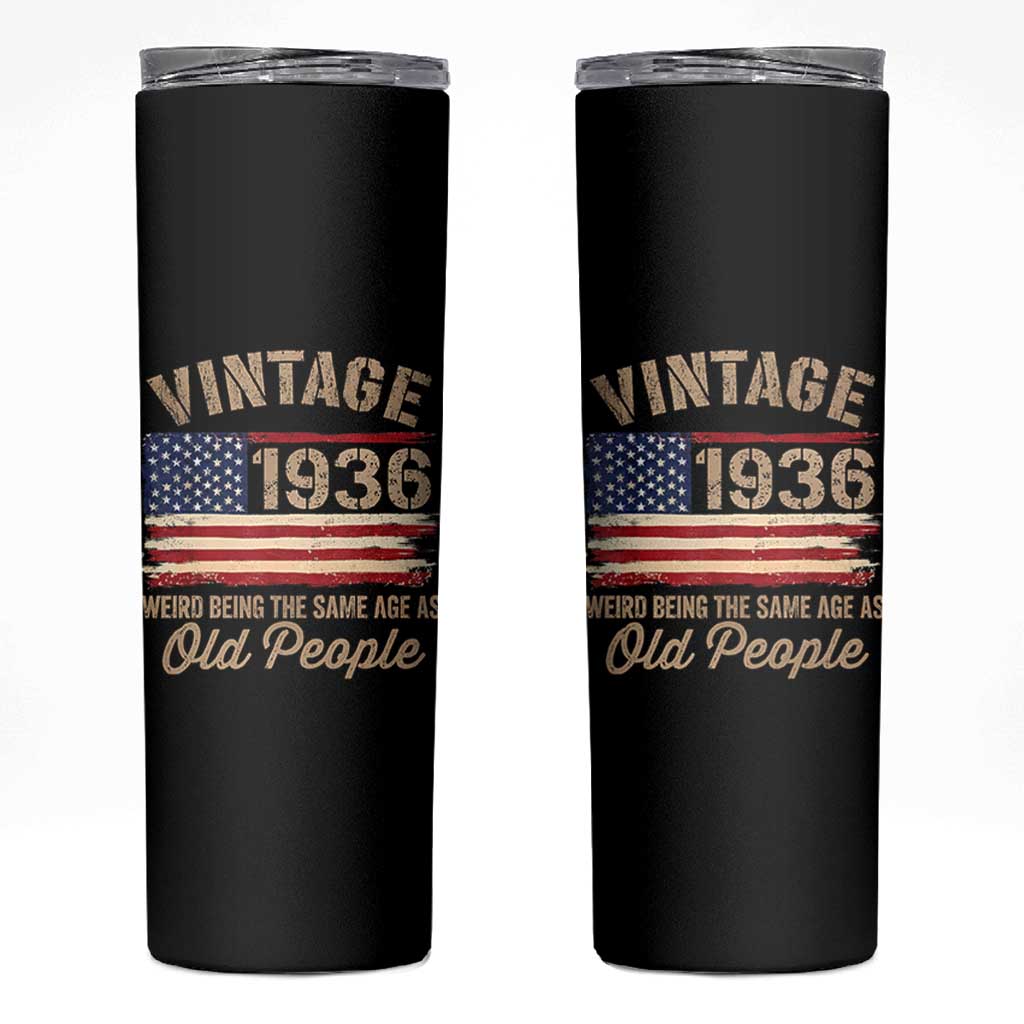 90th Birthday Skinny Tumbler Vintage 1936 Weird Being the Same Age as Old People USA Flag