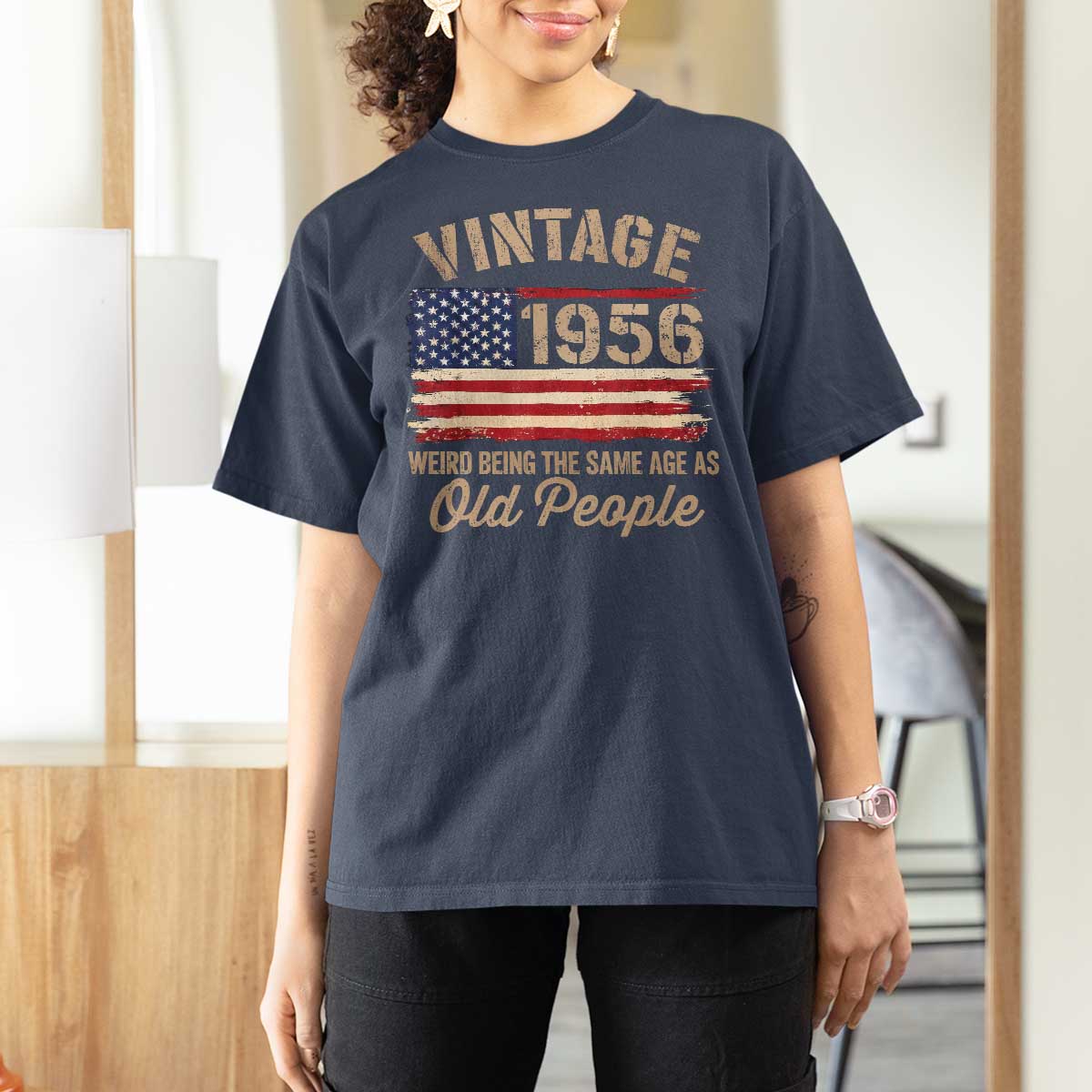 70th Birthday T Shirt For Women Vintage 1956 Weird Being the Same Age as Old People USA Flag