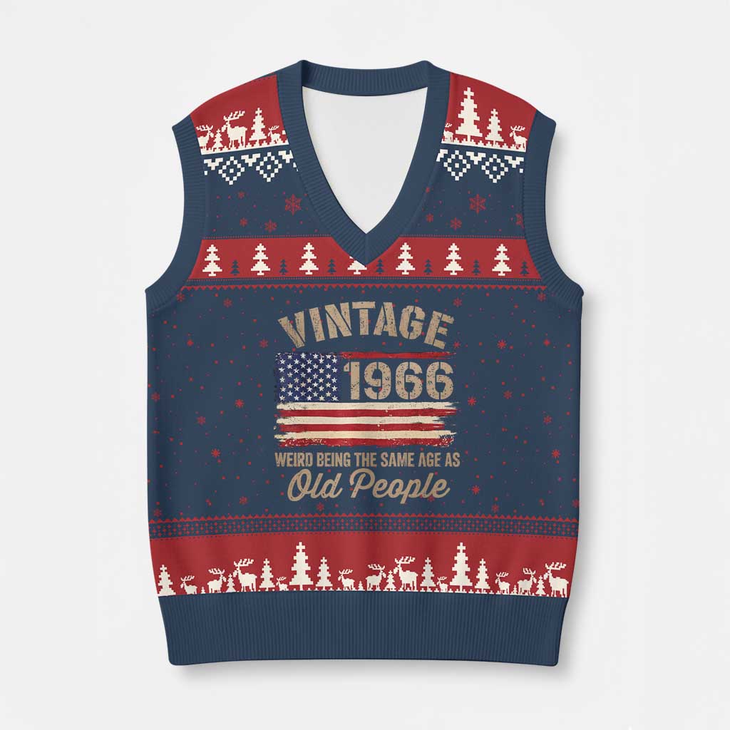 60th Birthday V-Neck Knit Sweater Vest Vintage 1966 Weird Being the Same Age as Old People USA Flag