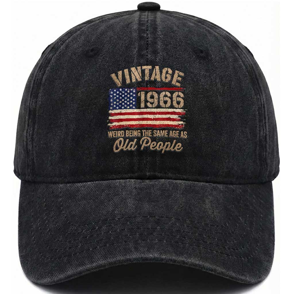 60th Birthday Washed Cotton Baseball Cap Vintage 1966 Weird Being the Same Age as Old People USA Flag