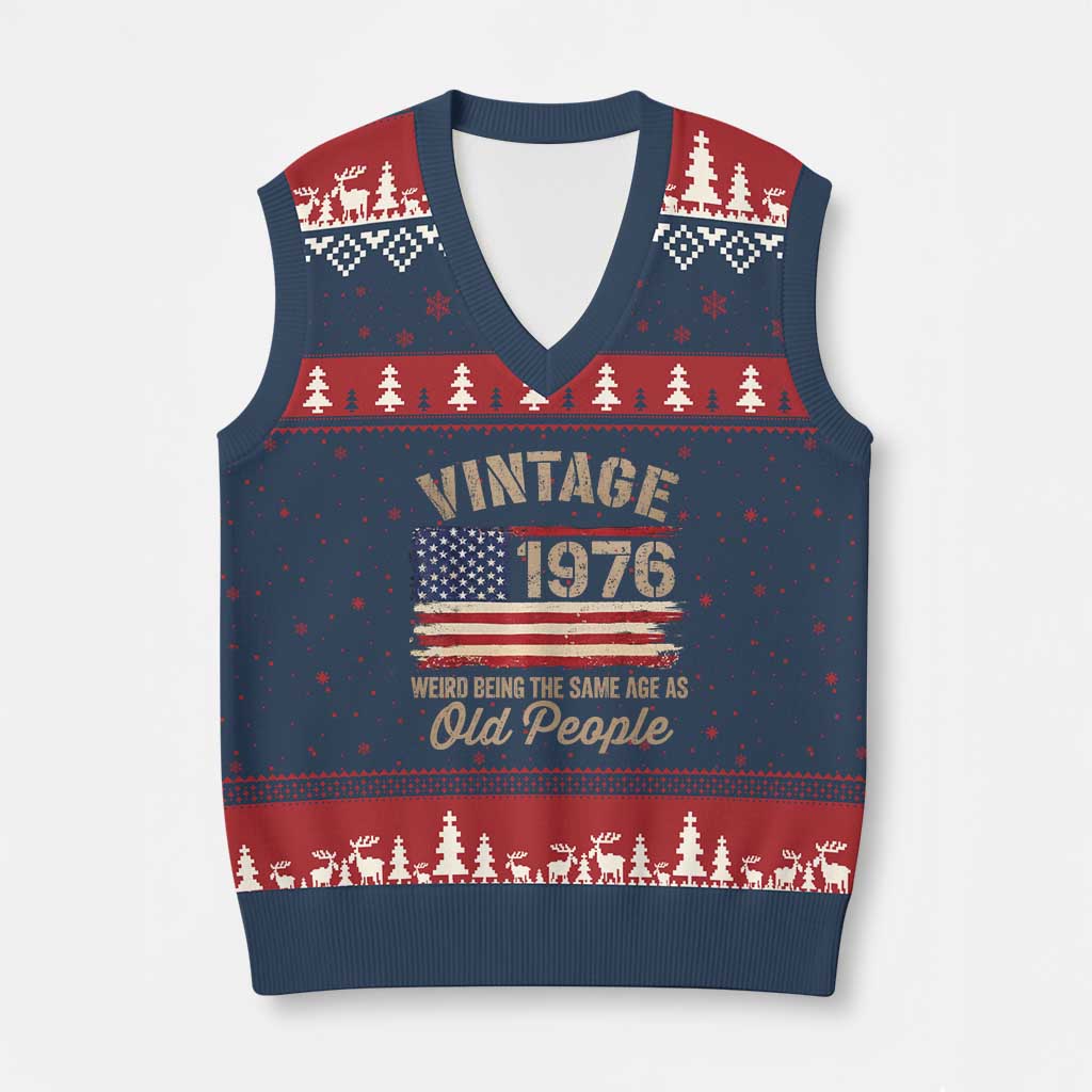 50th Birthday V-Neck Knit Sweater Vest Vintage 1976 Weird Being the Same Age as Old People USA Flag