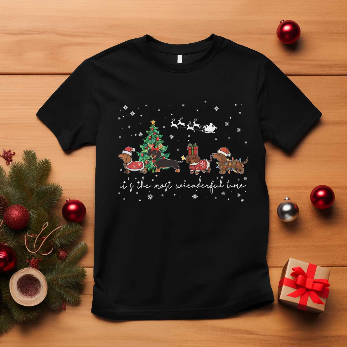 Dachshund Christmas T Shirt Funny Weiner Dog Lovers Its The Most Wienderful Time - Wonder Print Shop