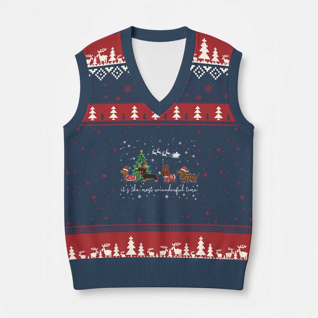 Dachshund Xmas V-Neck Knit Sweater Vest Funny Weiner Dog Lovers Its The Most Wienderful Time - Wonder Print Shop