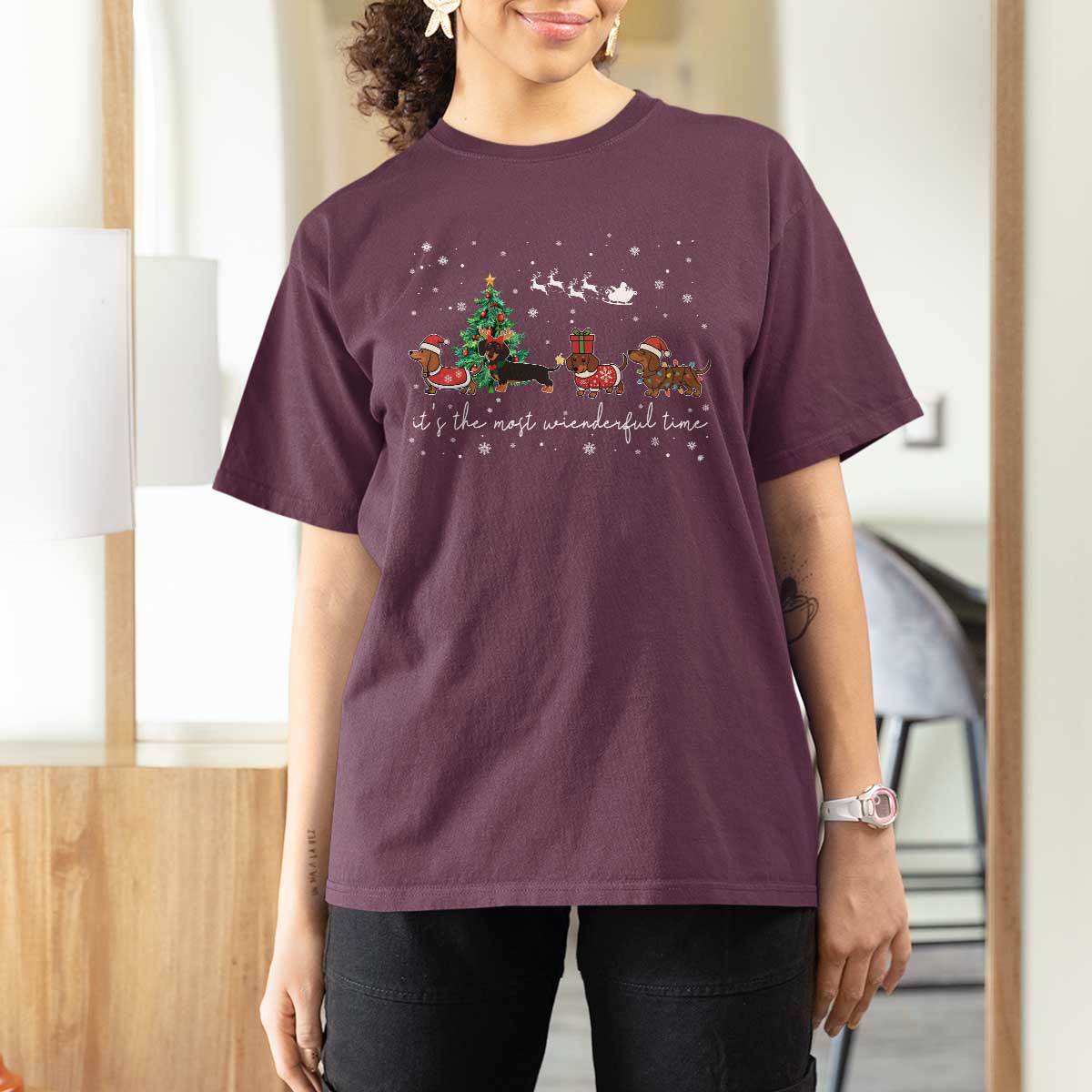 Dachshund Christmas T Shirt For Women Funny Weiner Dog Lovers Its The Most Wienderful Time - Wonder Print Shop